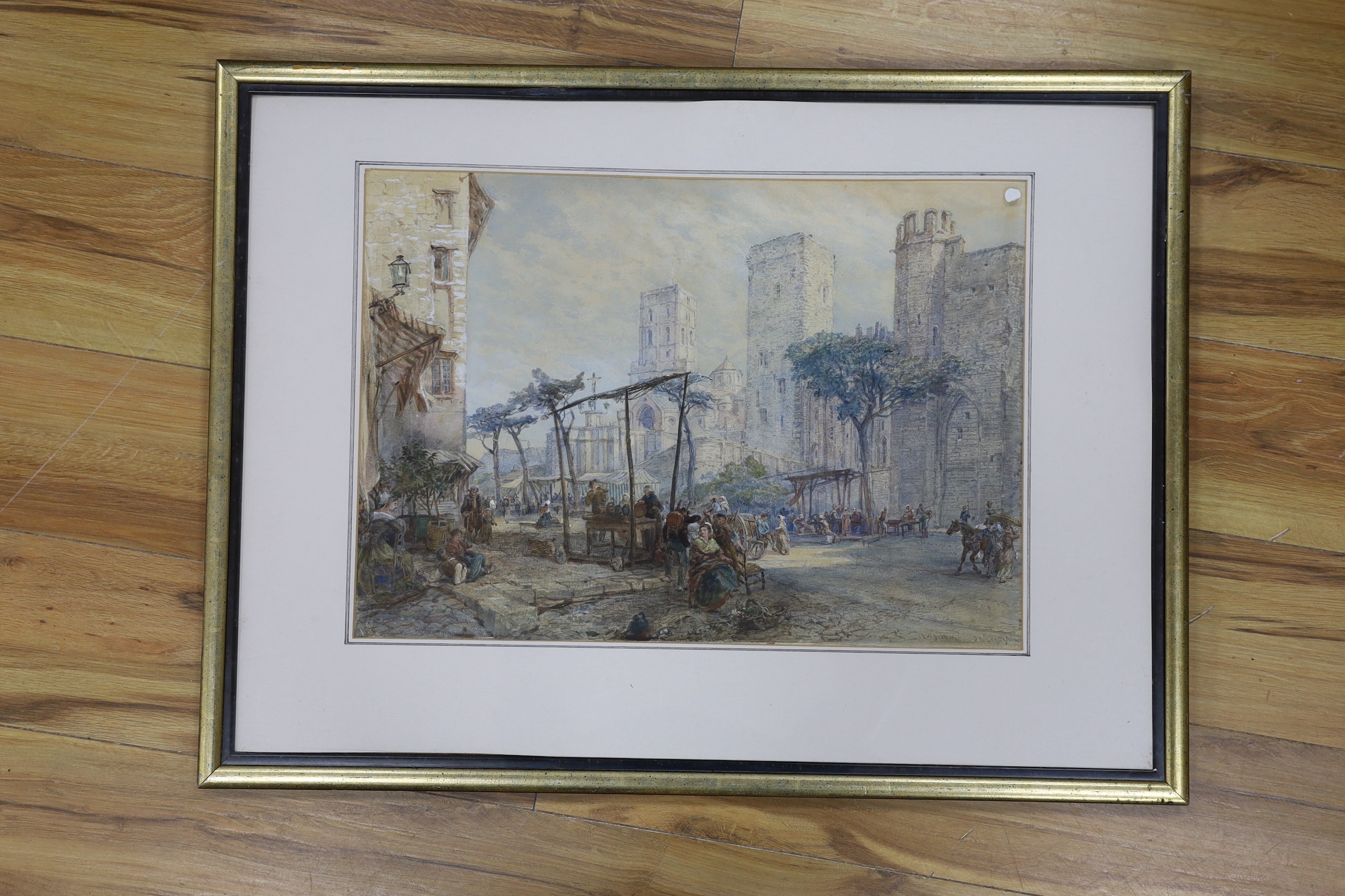 John Burgess (1814-1874), watercolour, 'Market square Avignon', signed, 39 x 55cm